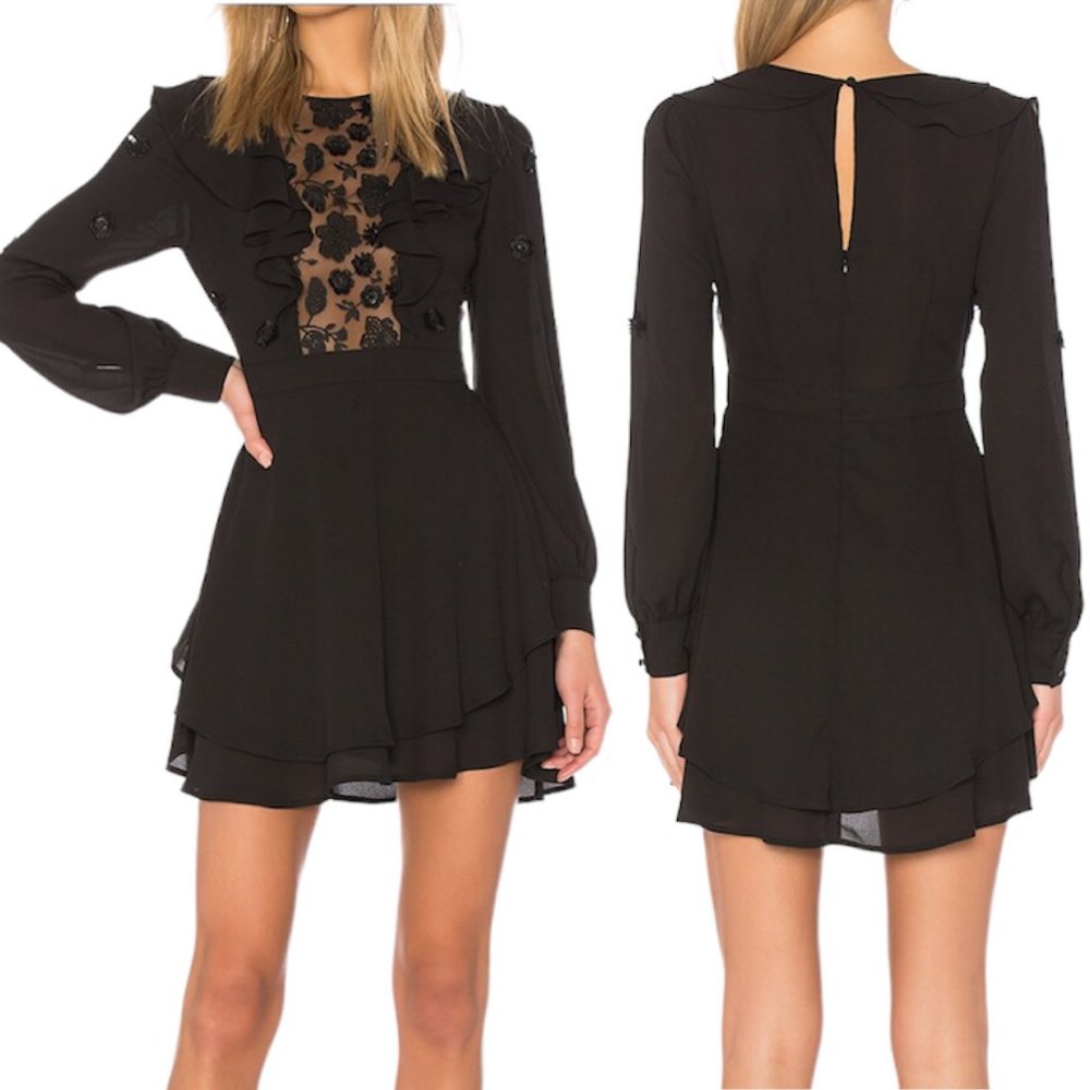 For Love & Lemons Vivi Embroidery Sequin Ruffle Mini Dress in Black Size XS